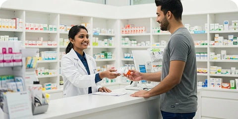 A smiling pharmacist hands medication to a customer at a pharmacy counter.