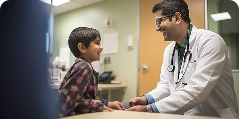 A smiling male doctor interacting with a young boy during a medical checkup in an exam room.
