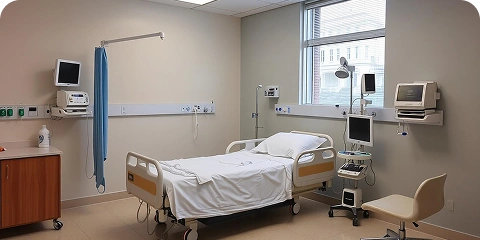 An empty hospital room with a neatly made bed, medical monitors, and equipment next to a window.