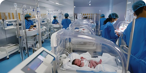 Nurses caring for newborns in a neonatal intensive care unit.