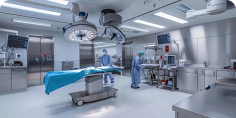 Medical staff in scrubs preparing a modern operating room.