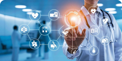 A doctor interacting with a digital medical icon network.