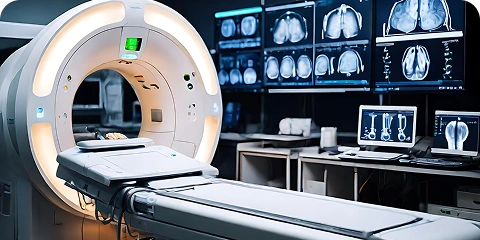 An empty CT scanner machine in a medical imaging room with brain scan monitors.
