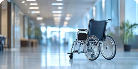 An empty wheelchair parked in a bright, blurry hospital hallway.