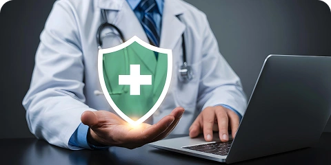 Doctor holding a medical shield icon next to a laptop.