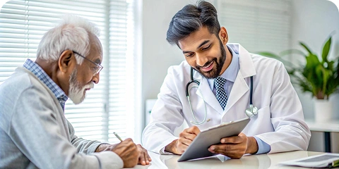 A smiling doctor reviewing a clipboard with an elderly patient.