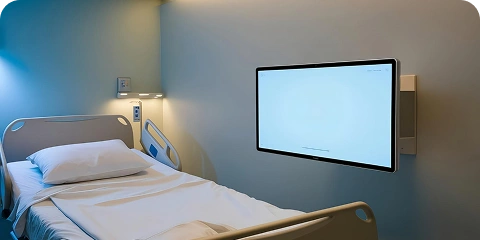 An empty hospital bed next to a large display screen mounted on the wall.