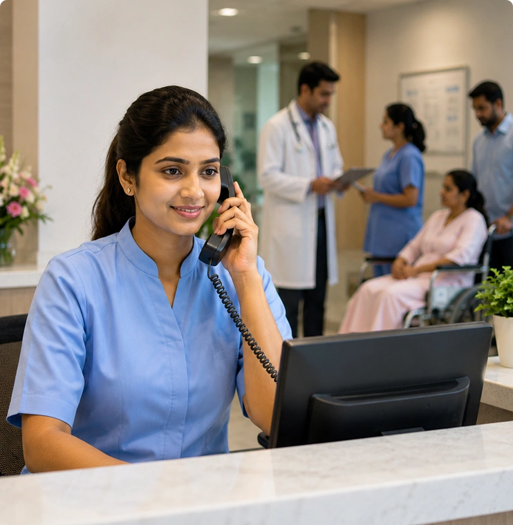 A female hospital receptionist smiles while talking on the phone, scheduling appointments