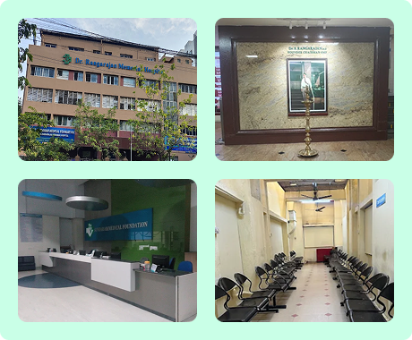 SMF hospital collage showing exterior, reception, waiting area and founder memorial display.