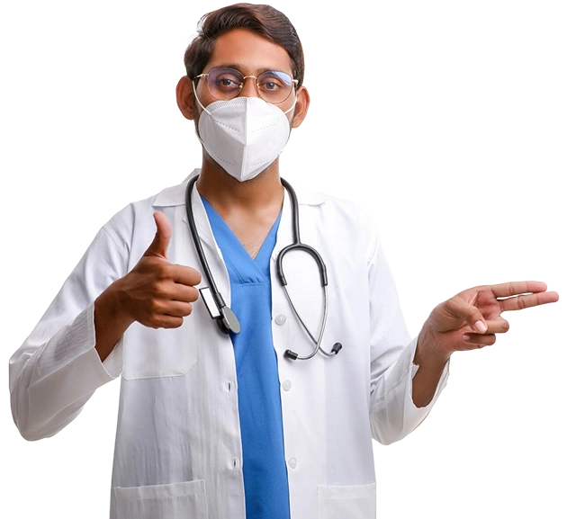 Male doctor in mask giving a thumbs-up, symbolizing compassionate medical support