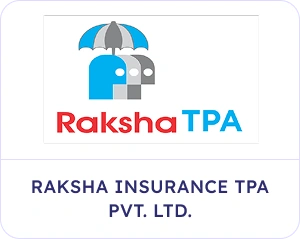 Raksha Insurance TPA Pvt. Ltd. logo with an umbrella icon and the company name.